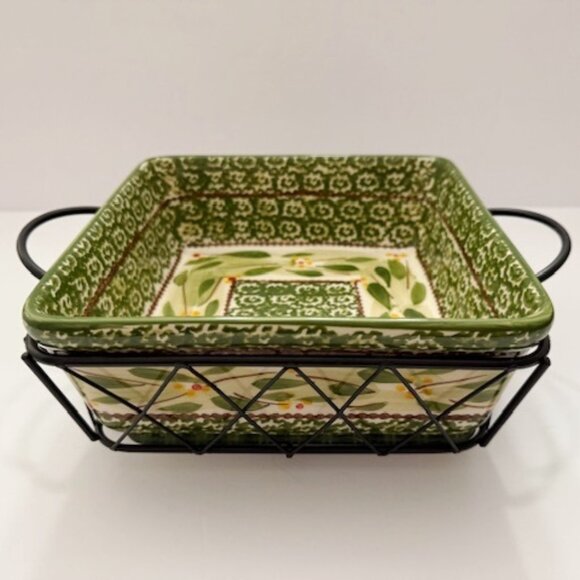 Temp-tations Old World Green 8" Square Baker w/ Lid, Metal Stand & Trivet 1.5 Qt - Picture 3 of 7